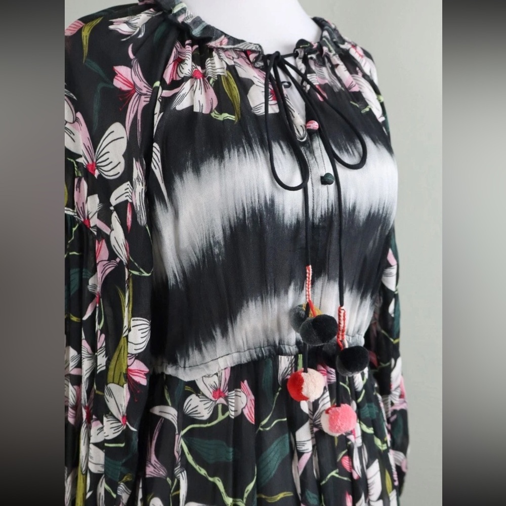 Anthropologie Blank London Pom Pom Floral Crepe Midi Long Sleeve Dress size S